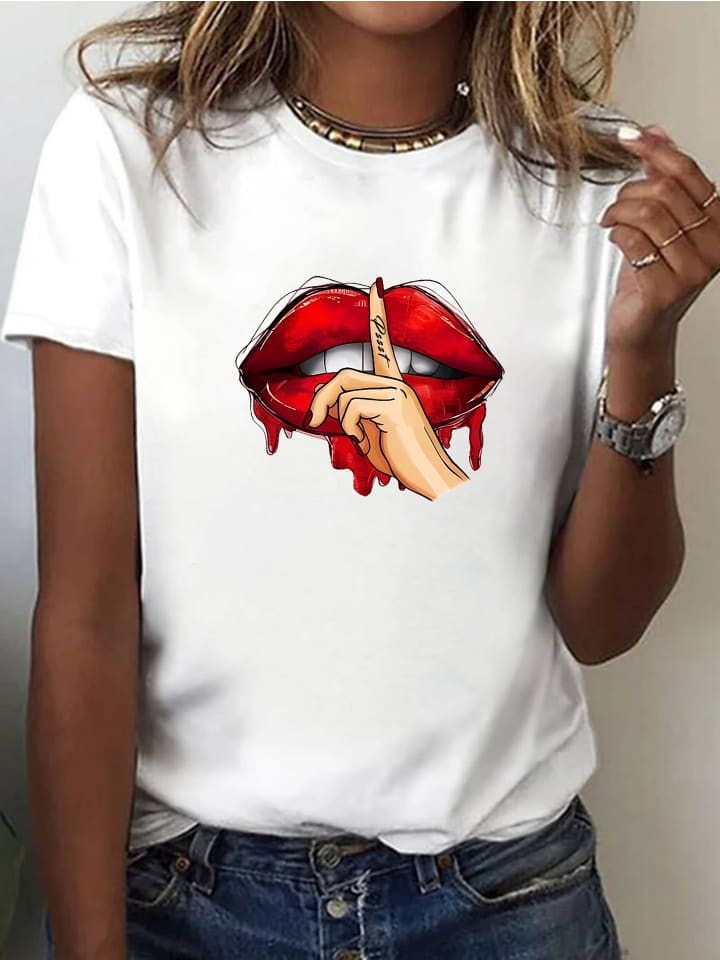 Damen T-Shirt Kuss WEISS-Rot