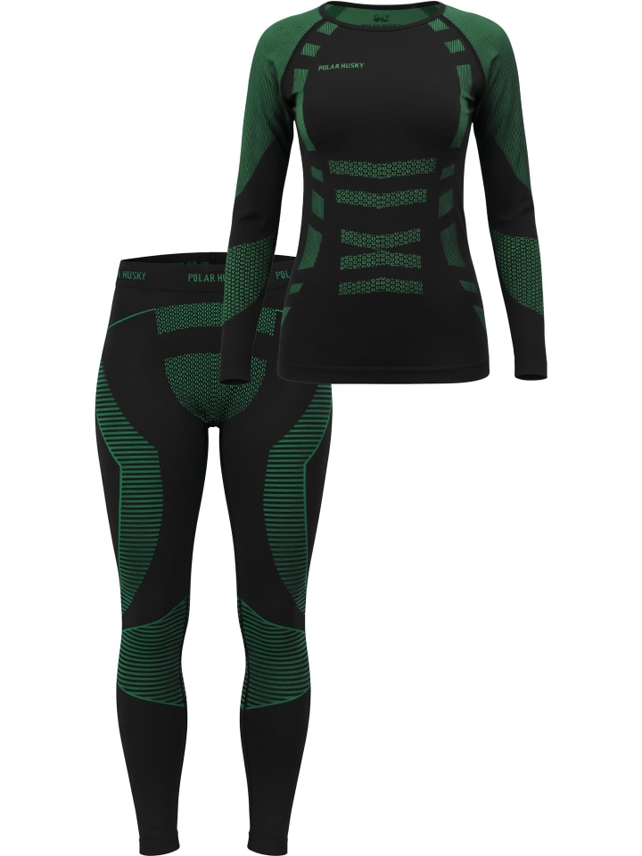 Damen Sport-Funktionsunterwäsche Set Hemd + Hose in Grün/Schwarz