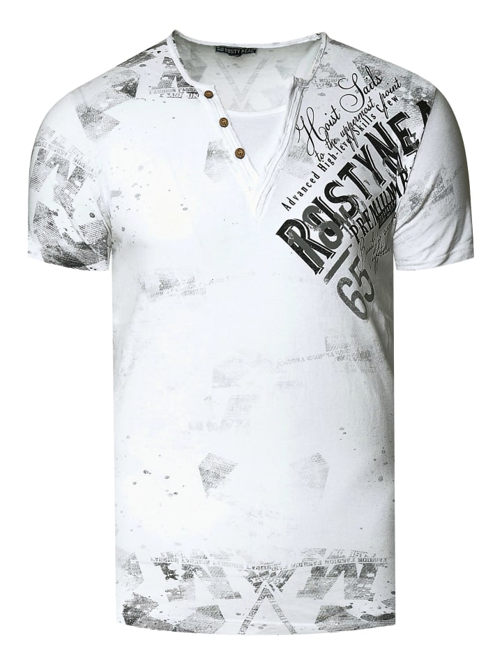 V-Neck T-Shirt Verwaschen mit Seitlichem Logo Print in Weiß