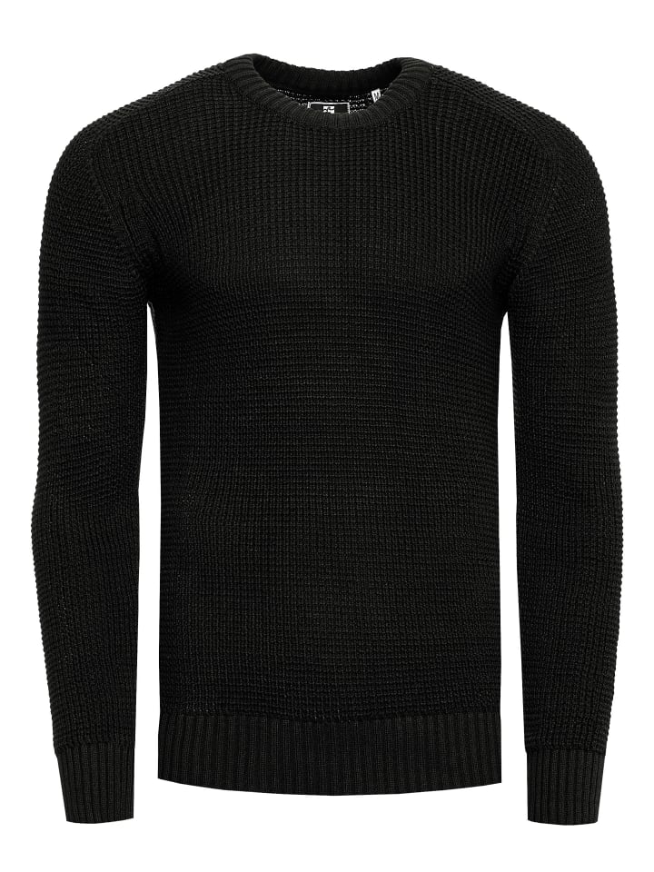 Grobstrick Slim Fit Rundhals-Pullover in Schwarz