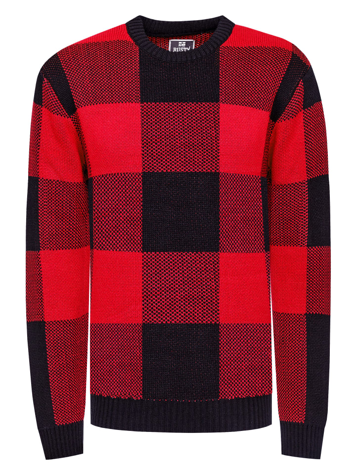 Schwerer Karo Kontrast Grobstrick Pullover in Schwarz / Rot
