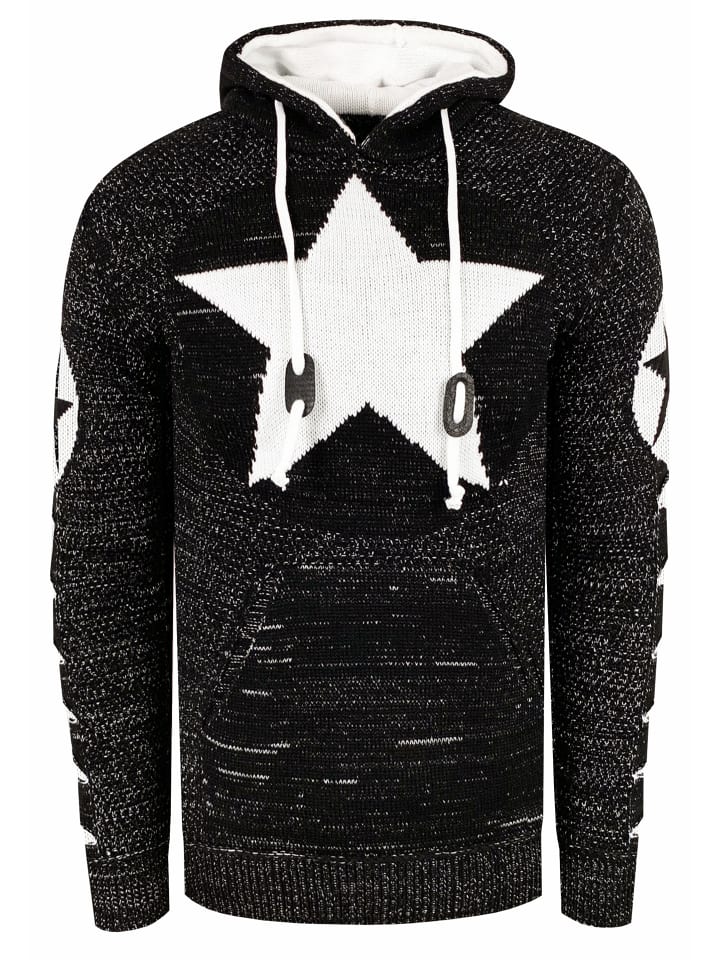 Grobstrick Comic Kapuzen-Pullover in Schwarz / Weiß