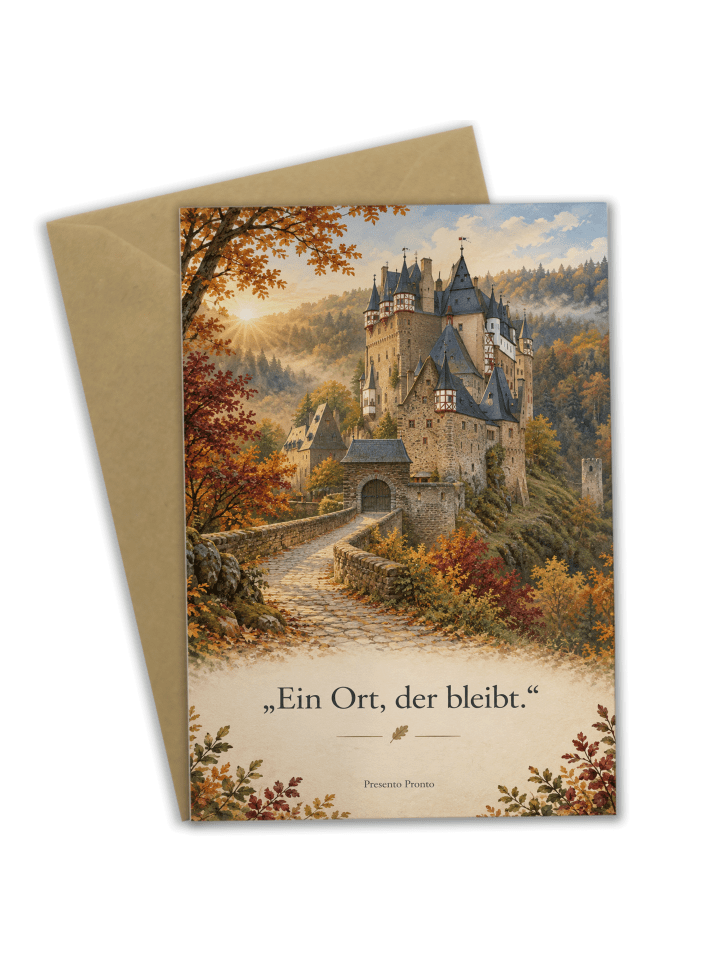 Grußkarte Burg nostalgisch Design mit Spruch in Weiß