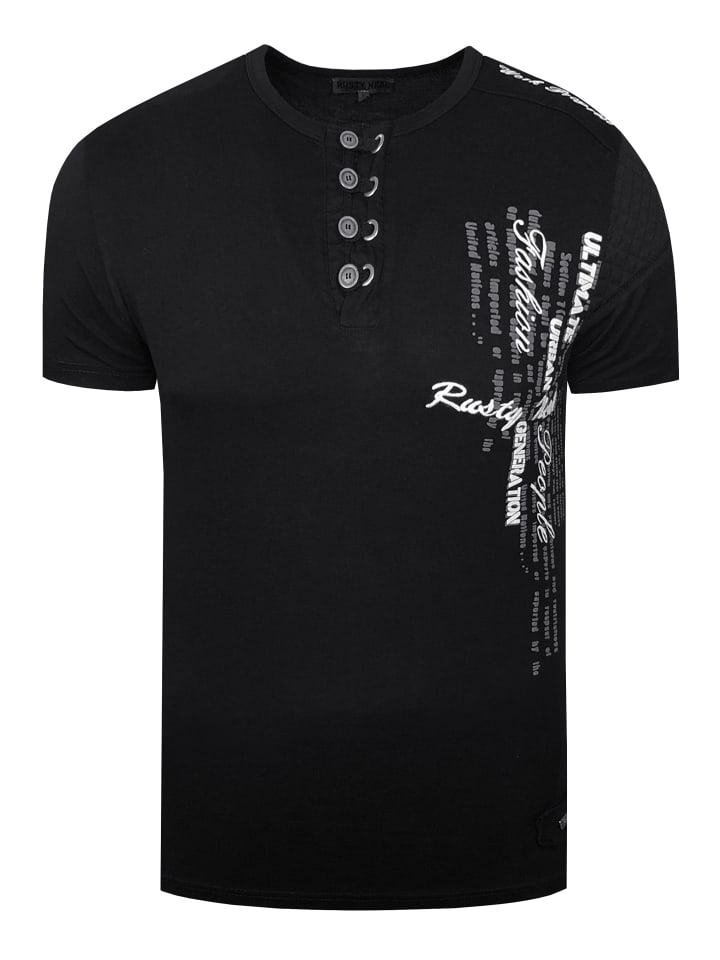 Oil-Washed T-Shirt mit Knopfleiste in Schwarz