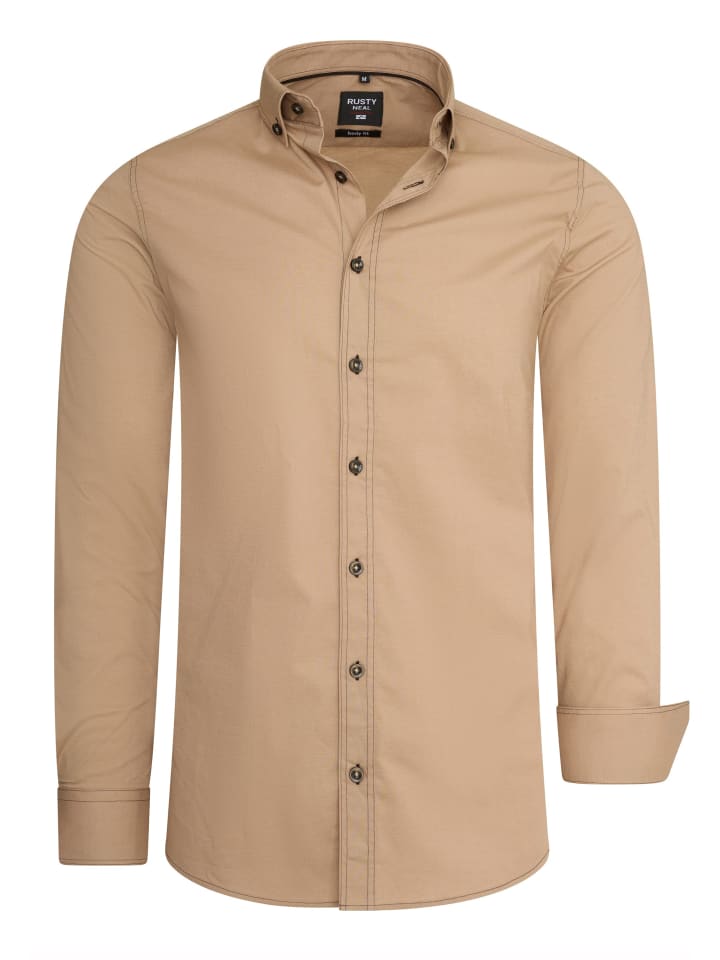 Langarm Slim Fit Hemd mit Kontrast-Naht in Camel