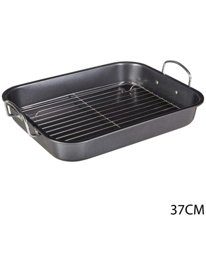 Bratform mit Rost und Griffen, Edelstahl in Schwarz, 37 x 29 x 5,5 cm