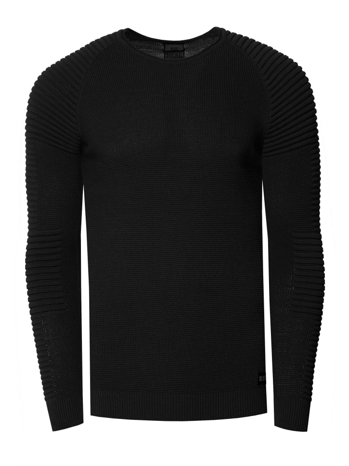 Slim Fit Feinstrick Biker Rundhals-Pullover in Schwarz