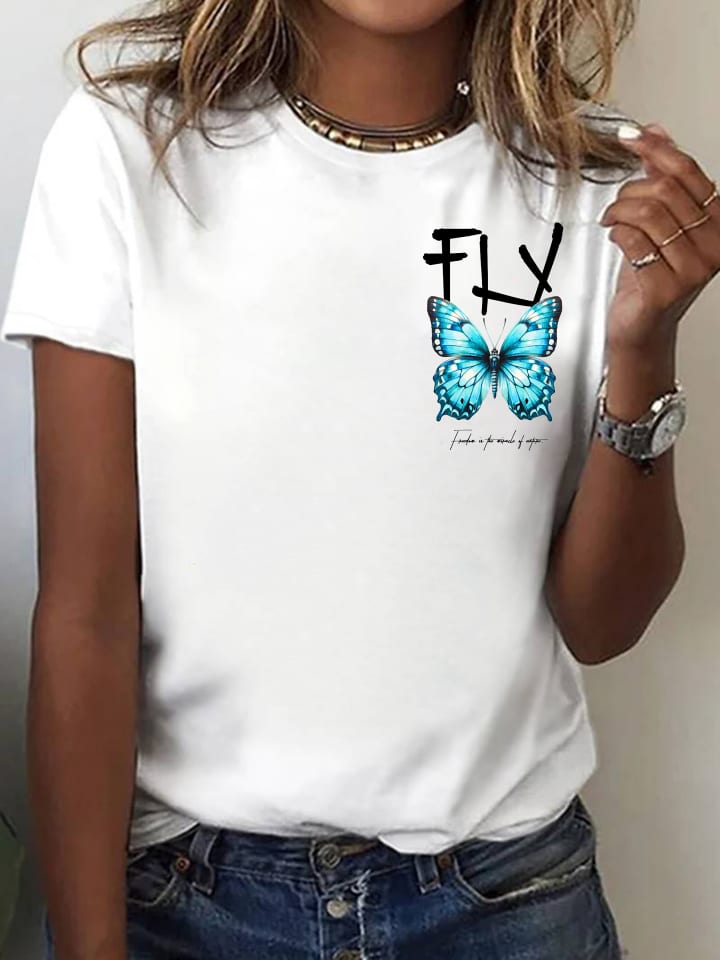T-Shirt Butterfly WEISS-Türkis (kleines Motiv)