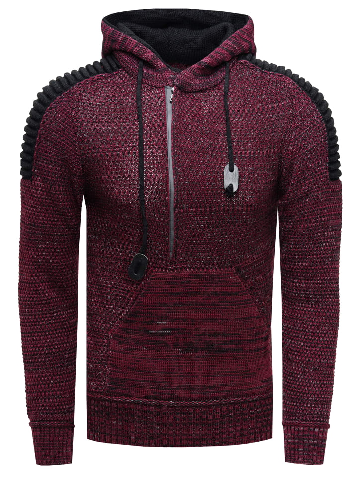 1/2 Zip Grobstrick Kontrast Kapuzen-Pullover in Weinrot