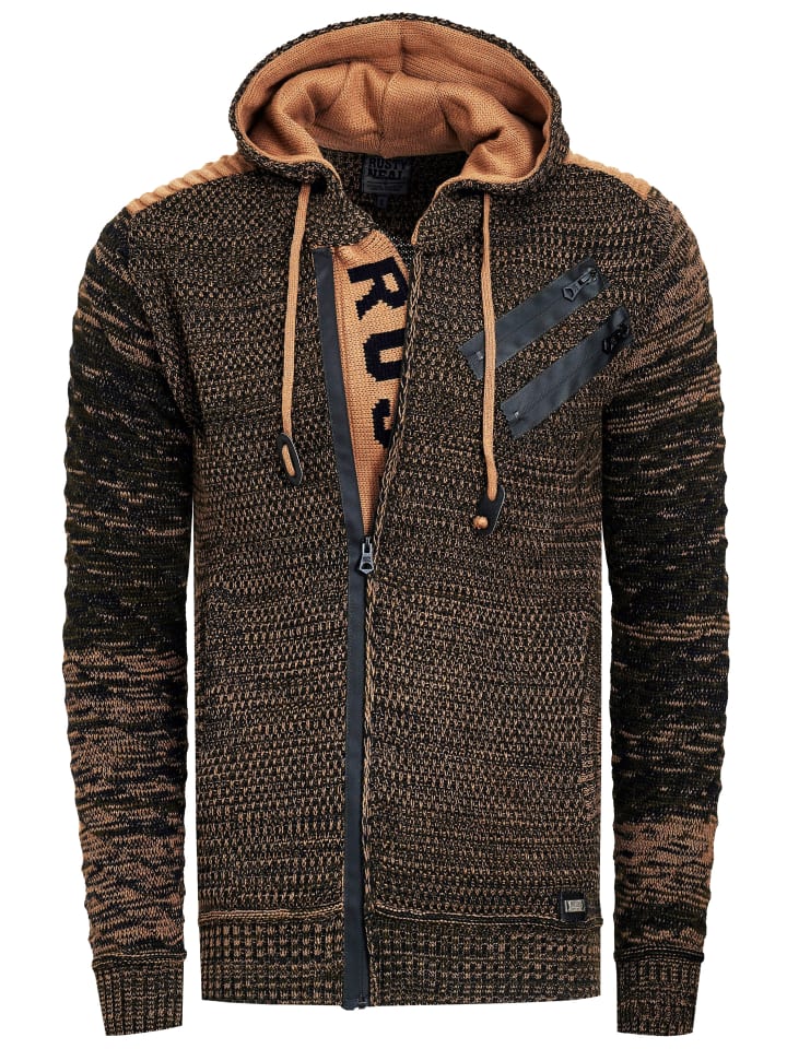 Full Zip Grobstrick Kapuzen-Strick-Jacke in Khaki