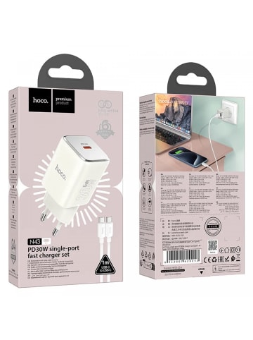 HOCO Netz-Ladegerät Typ C + Kabel Typ C auf Typ C PD QC 30W in Schwarz