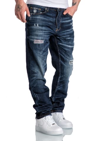 Amaci&Sons Regular Fit Destroyed Jeans KANSAS in Dunkelblau (Patches)