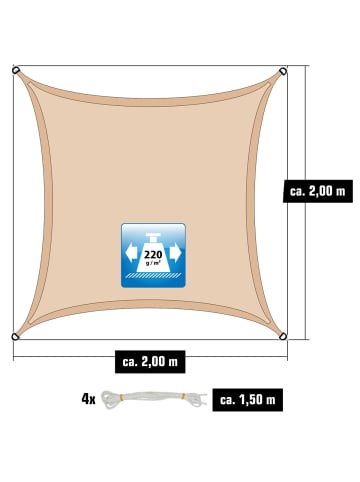 AMANKA HDPE Sonnensegel mit Befestigung 2x2m in Beige