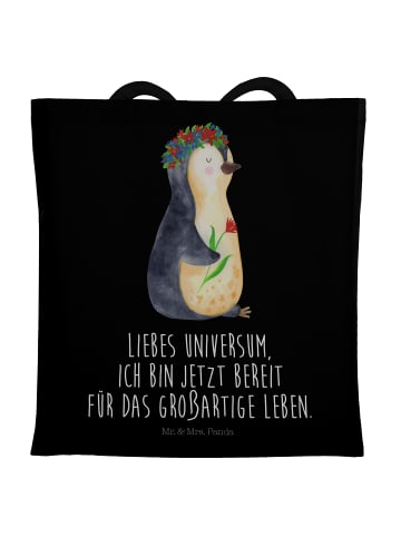 Mr. & Mrs. Panda Tragetasche Pinguin Blumen mit Spruch in Schwarz