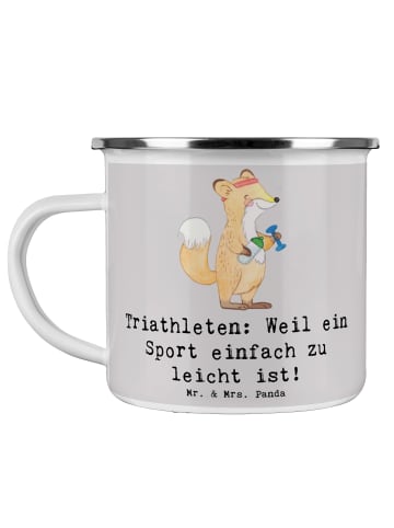Mr. & Mrs. Panda Camping Emaille Tasse Triathlon Helden mit Spruch in Grau Pastell