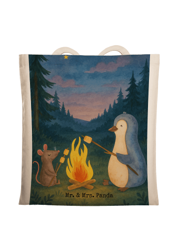 Mr. & Mrs. Panda Tragetasche Pinguin Lagerfeuer Design ohne Spruch in Weiß
