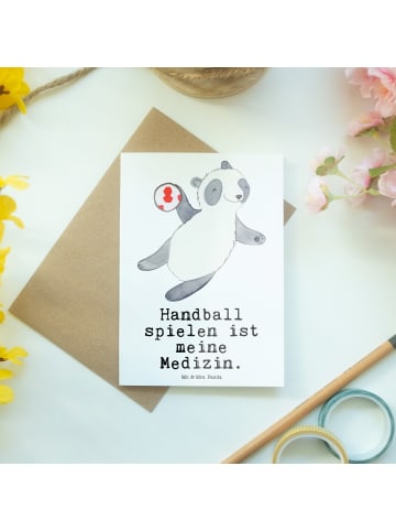 Mr. & Mrs. Panda Klappkarte Panda Handball spielen mit Spruch in Weiß