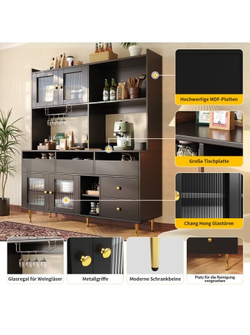 ABRIHOME Küchenschrank Hochschrank mit Weinglasregal und mehrstufigem Stauraum, Schwarz