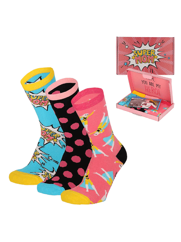 Yuhu Damen Socken Super Mom You Rock 3er Pack Muttertag Geschenkbox in Rot