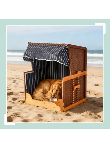 relaxdays Hundestrandkorb "Gestreift" in Dunkelblau / Natur – (B)75 x (H)95 x (T)65 cm