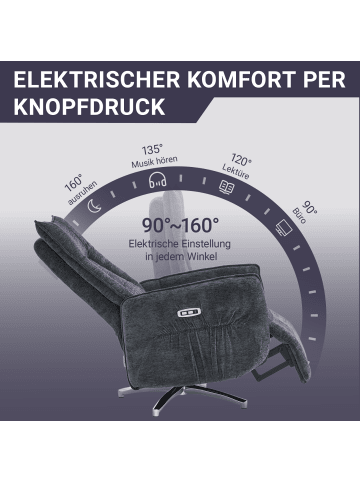 Tphecda Fernsehsessel Elektrisch Verstellbar in Dunkelgrau 72x97.5x109 cm