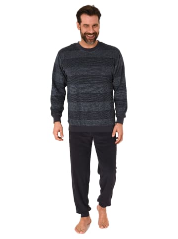 NORMANN Frottee Schlafanzug lang Bündchen Streifen - 81442 in dunkelgrau
