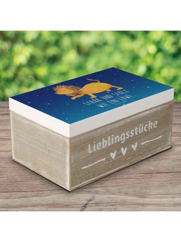Mr. & Mrs. Panda Holzkiste Sternzeichen Löwe mit Spruch in Sternenhimmel Blau