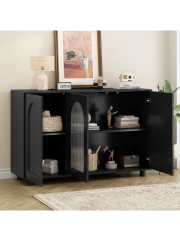 ABRIHOME Sideboard in Schwarz mit strukturierter Glastür U-Form und Holzbeinen