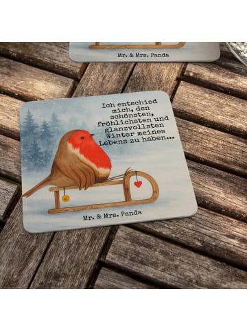 Mr. & Mrs. Panda Bierdeckel Rotkehlchen Schlitten Design mit Spruch in Weiß