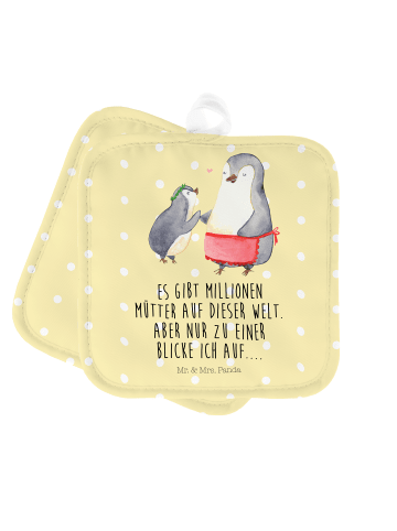 Mr. & Mrs. Panda Topflappen Pinguin mit Kind mit Spruch in Gelb Pastell