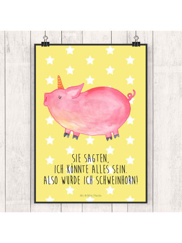 Mr. & Mrs. Panda Poster Einhorn Schwein mit Spruch in Gelb Pastell