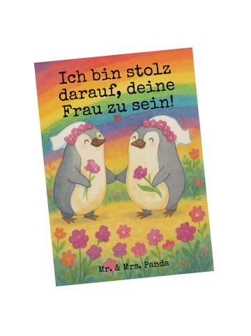 Mr. & Mrs. Panda Postkarte Pinguine Lesbian Pride Design mit Spruch in Weiß