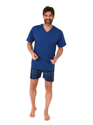 NORMANN Schlafanzug kurzarm Shorty mit karierter Jersey Hose in dunkelblau