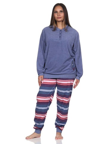 NORMANN Frottee Schlafanzug lang Bündchen Hose gestreift - 81800 in blau