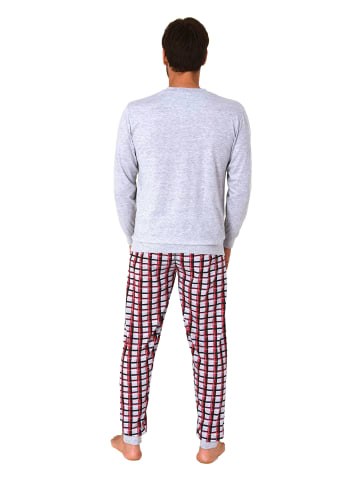 NORMANN langarm Schlafanzug Pyjama Bündchen und karierter Jersey Hose - 83213 in grau