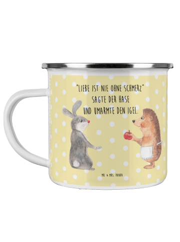 Mr. & Mrs. Panda Camping Emaille Tasse Hase Igel mit Spruch in Gelb Pastell