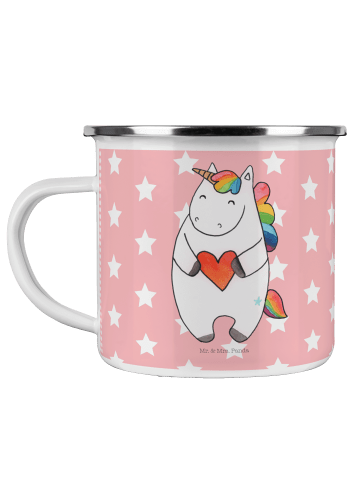 Mr. & Mrs. Panda Camping Emaille Tasse Einhorn Herz ohne Spruch in Rot Pastell