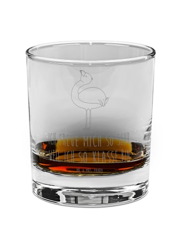 Mr. & Mrs. Panda Whiskey Glas Flamingo Stolz mit Spruch in Transparent