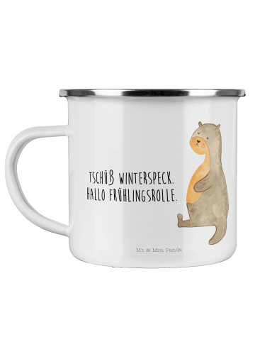 Mr. & Mrs. Panda Camping Emaille Tasse Otter Bauch mit Spruch in Weiß