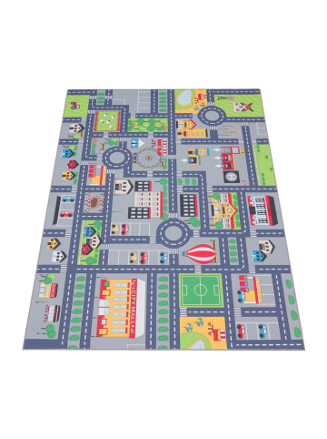 KADIMA DESIGN Kinderteppich waschmaschinenwaschbar Dorf‑ und Bauernhofplan Kinder in Grau