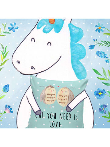 Mr. & Mrs. Panda Kopfkissen Eulen Liebe mit Spruch in Türkis Pastell