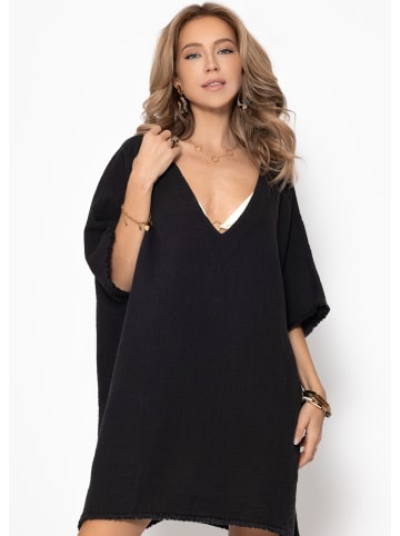 SASSYCLASSY Musselin Tunika mit Fransen in Schwarz