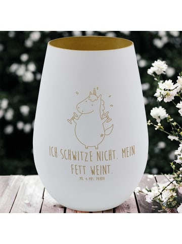 Mr. & Mrs. Panda Gold Windlicht Einhorn Fitness mit Spruch in Weiß