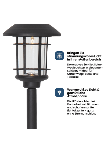 STAR Trading Solar LED Pollerleuchten Fride 3er Set 34 cm Schwarz – Außenbeleuchtung