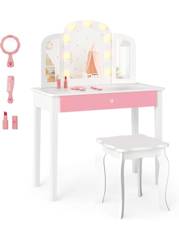 COSTWAY 2 in 1 Kinder Schminktisch mit Beleuchtung ab 3 Jahren in Weiß