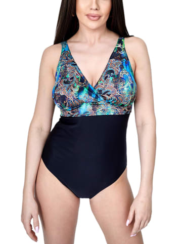Aquarti Damen Badeanzug Bauchweg Sport  Bademode  Neckholder V-Ausschnitt in schwarz/grün