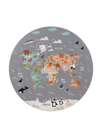 KADIMA DESIGN Kinderteppich waschmaschinenwaschbar Tier‑Weltkarten‑Muster in Grau