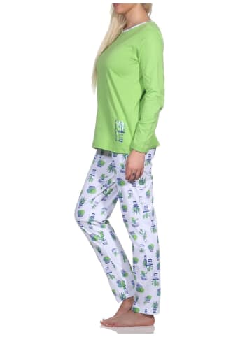 NORMANN Schlafanzug Lang Oberteil uni Kaktus Hose allover - 78656 in grün