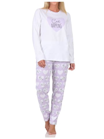NORMANN Langarm Schlafanzug Pyjama Herz Katzenmotiv in lila
