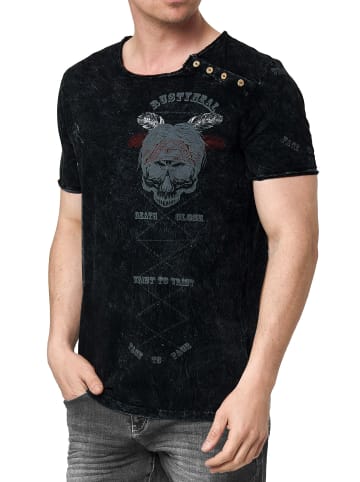 Rusty Neal Verwaschenes Rundhals T-Shirt mit Knopfleiste und Prints in Schwarz